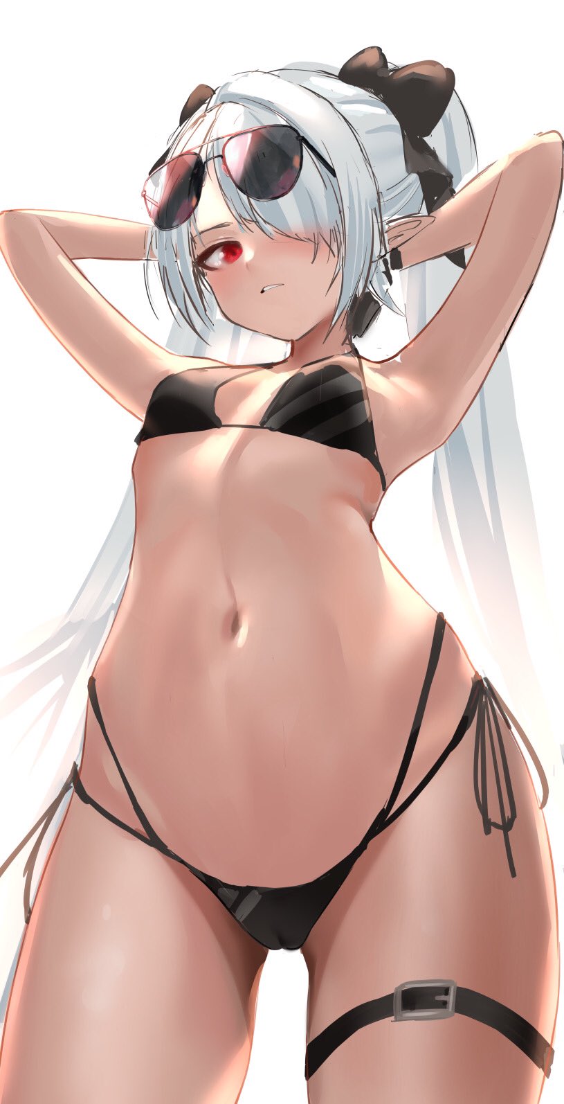 1girl, arms_up, bikini, black_bikini, black_bow, blue_archive, blush, bow