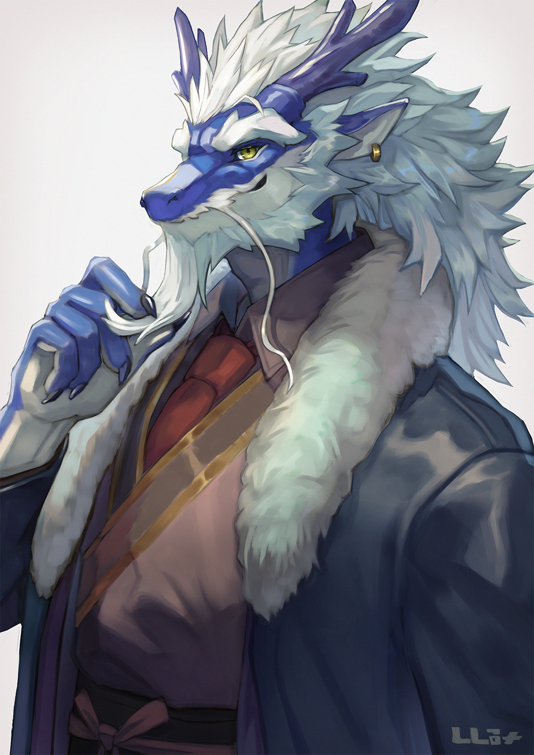1boy, beard, closed_mouth, collared_shirt, commentary_request, dragon, earrings, facial_hair, fur_trim, furry, furry_male, green_eyes, hand_up, highres, horns, jacket, jewelry, long_hair, long_sleeves, male_focus, necktie, original, red_necktie, robe, shirt, shishimi_(shishimi443), simple_background, single_earring, upper_body, white_background, white_hair
