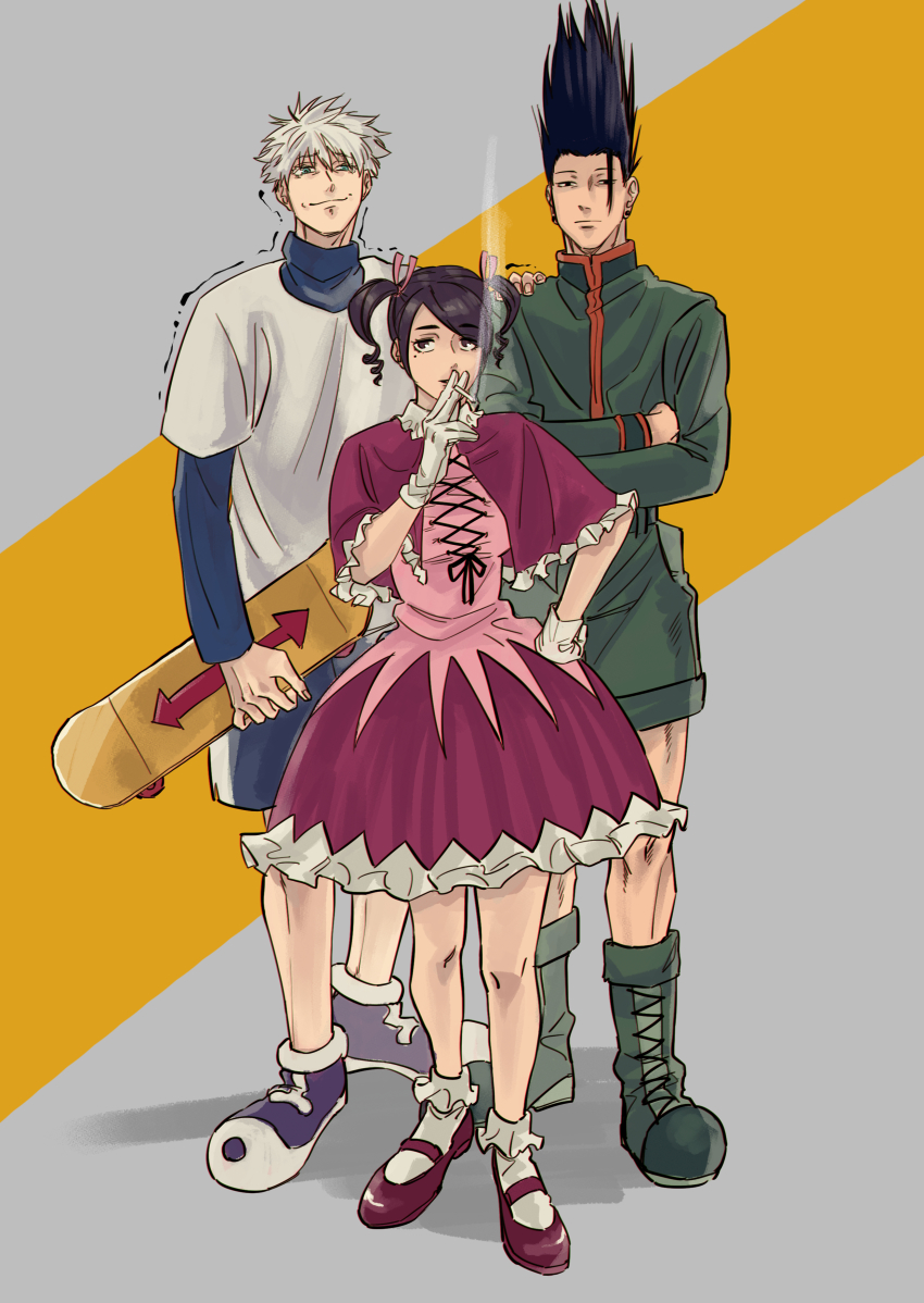 1girl, 2boys, absurdres, biscuit_krueger, biscuit_krueger_(cosplay), black_eyes, black_hair, blue_eyes