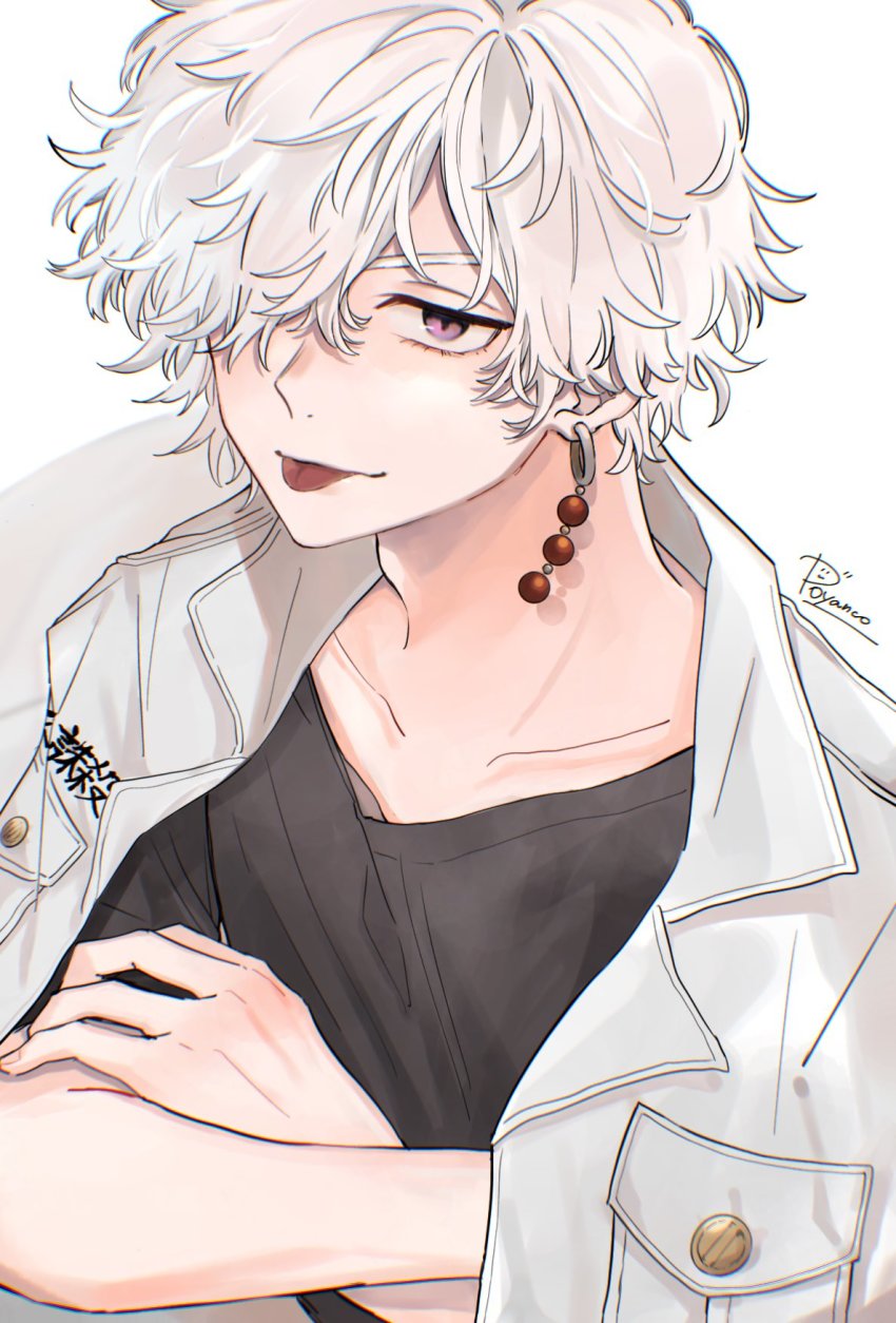 1boy, black_shirt, closed_mouth, collarbone, crossed_arms, earrings, hair_over_one_eye, highres, imaushi_wakasa, jacket, jacket_on_shoulders, jewelry, looking_at_viewer, male_focus, poyan_08, purple_eyes, shirt, short_hair, short_sleeves, simple_background, single_earring, solo, tokyo_revengers, tongue, tongue_out, upper_body, white_background, white_hair, white_jacket