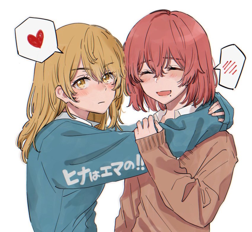 2girls, ^_^, blonde_hair, blue_cardigan, blush, brown_cardigan, cardigan, closed_eyes
