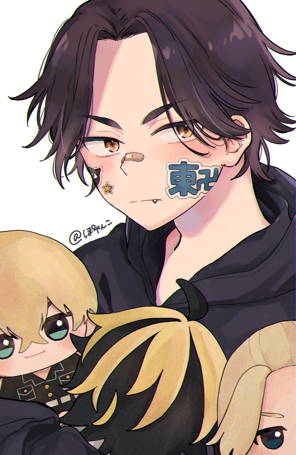 1boy, aged_down, baji_keisuke, bandaid, bandaid_on_face, bandaid_on_nose, black_hair, black_hoodie