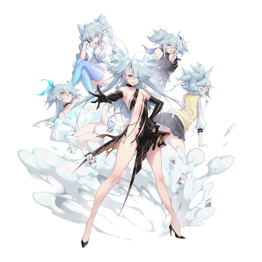 1girl, absurdres, arm_behind_back, back, bare_legs, bare_shoulders, black_choker, black_dress