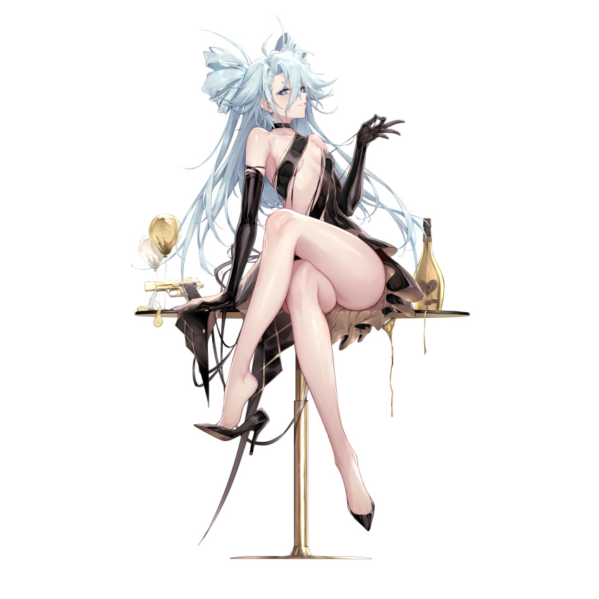 1girl, absurdres, alcohol, balloon, bare_shoulders, black_choker, black_dress, black_footwear