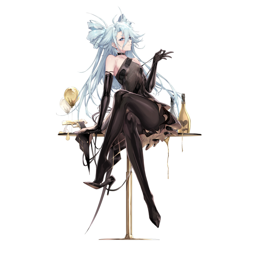 1girl, absurdres, alcohol, balloon, bare_shoulders, black_choker, black_dress, black_gloves