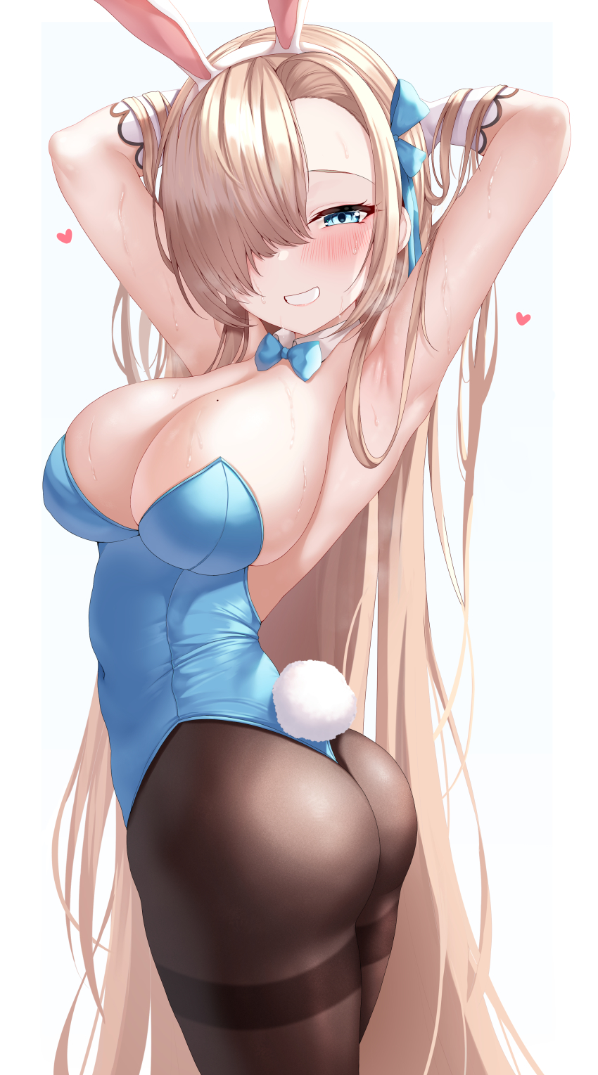 1girl, absurdres, animal_ears, armpits, arms_behind_head, arms_up, ass, asuna_(blue_archive)