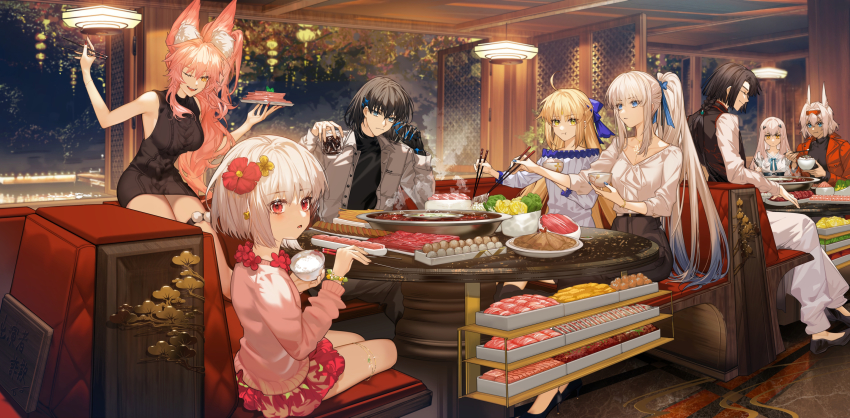 2boys, 6+girls, ahoge, animal_ears, arlizi, artoria_caster_(fate), artoria_pendragon_(fate), black_dress