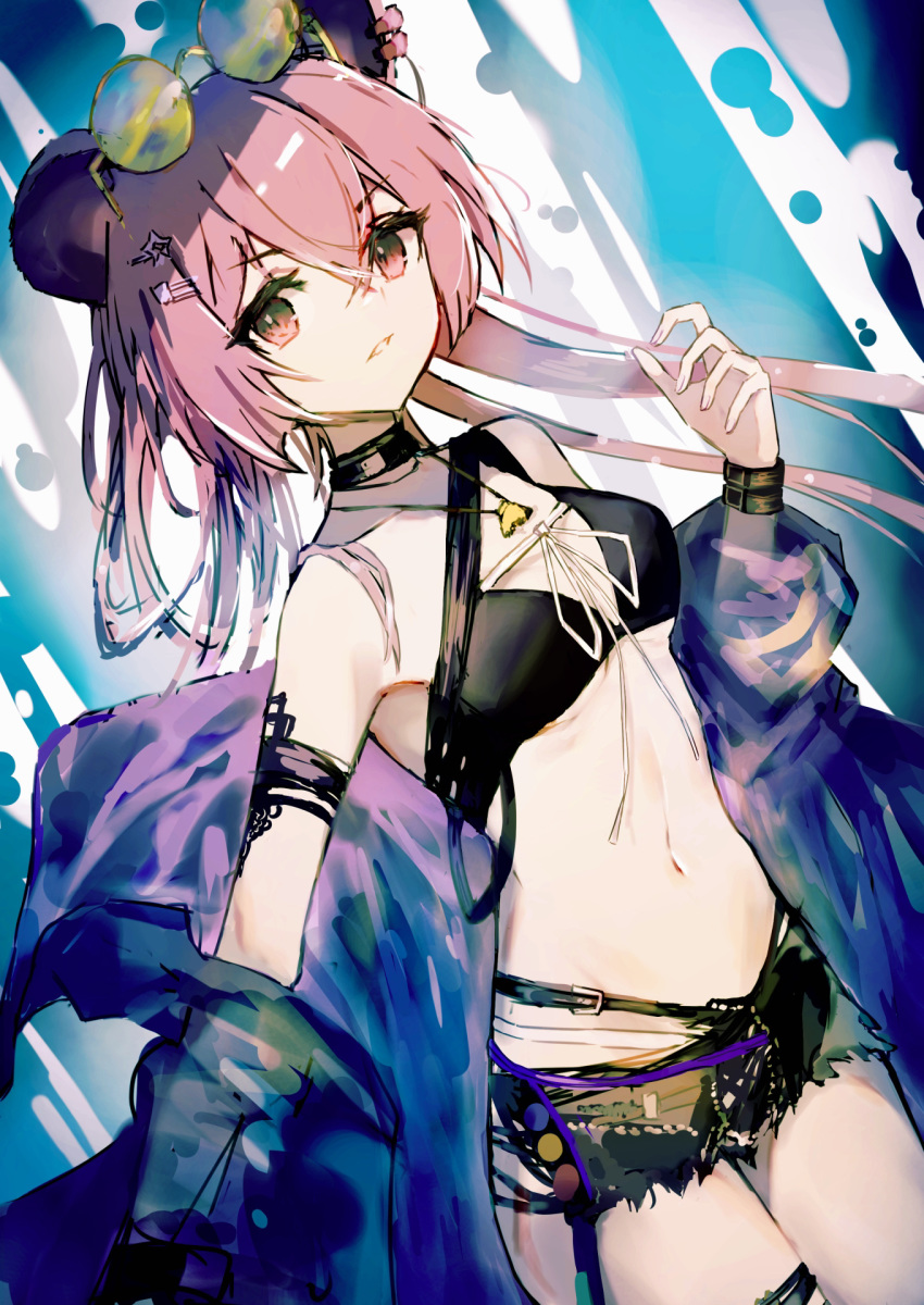 1girl, animal_ears, arknights, bikini, black_bikini, choker, eyewear_on_head, hair_between_eyes, hair_ornament, highres, k_futoshi_0n0, lin_(arknights), lin_(summer)_(arknights), looking_at_viewer, mouse_ears, off_shoulder, official_alternate_costume, pink_eyes, pink_hair, shorts, solo, sunglasses, swimsuit, thigh_strap