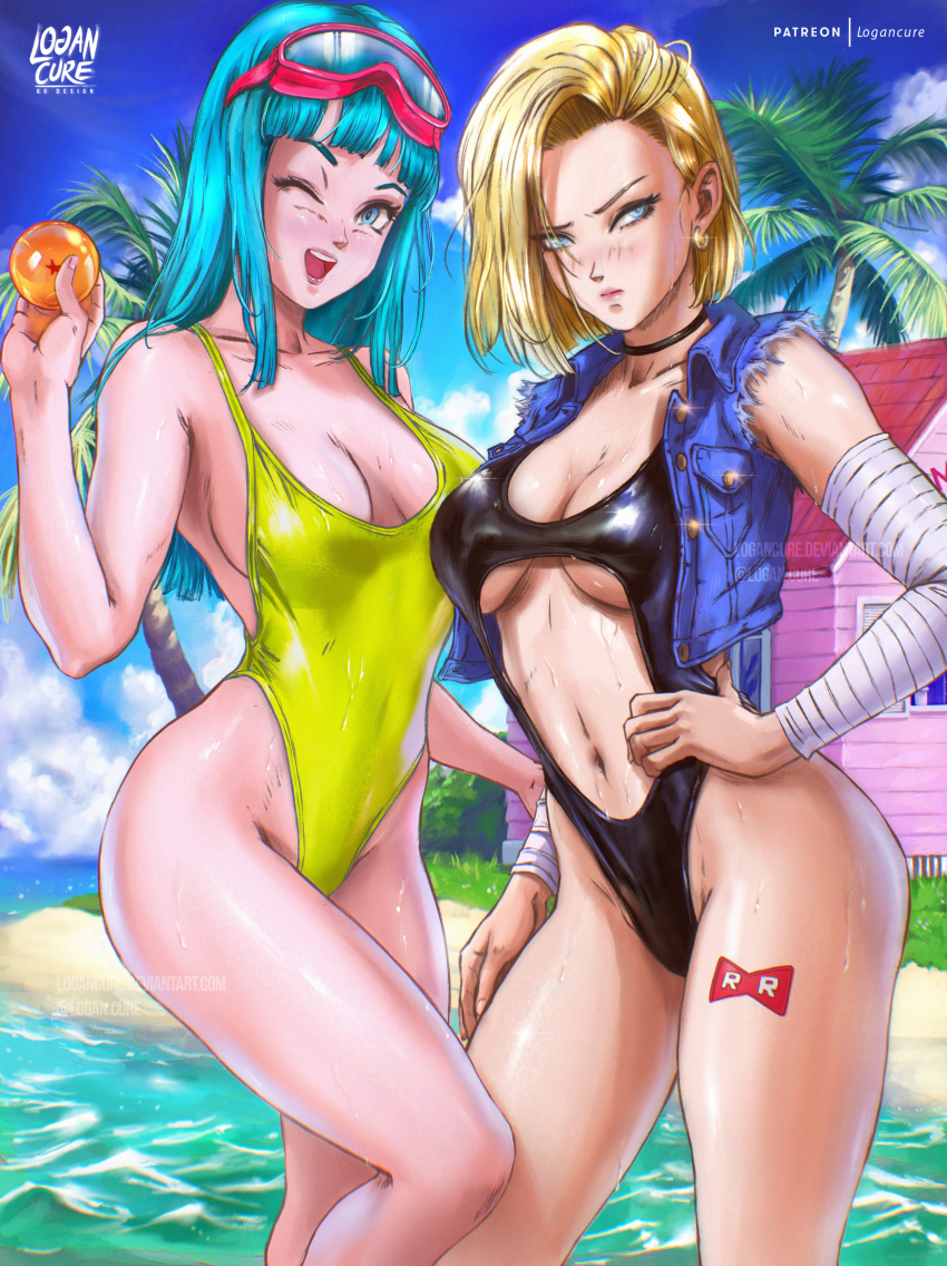 2girls, :d, ;d, absurdres, adapted_costume, android_18, artist_name, bare_legs, beach, black_choker, black_one-piece_swimsuit, blonde_hair, blue_eyes, blue_hair, blue_sky, blunt_bangs, blunt_ends, breasts, breasts_apart, casual_one-piece_swimsuit, choker, clothing_cutout, cloud, coconut_tree, collarbone, cropped_jacket, curvy, day, denim, denim_jacket, detached_sleeves, diving_mask, diving_mask_on_head, dragon_ball, dragon_ball_(object), dragonball_z, earrings, embarrassed, eyelashes, facing_viewer, feet_out_of_frame, fingernails, goggles, goggles_on_head, grass, hand_on_own_hip, highleg, highleg_one-piece_swimsuit, highres, holding_dragon_ball, house, jacket, jewelry, kame_house, logan_cure, looking_at_viewer, looking_away, maron_(dragon_ball), medium_breasts, medium_hair, mixed-language_commentary, multiple_girls, navel, navel_cutout, ocean, one-piece_swimsuit, one_eye_closed, open_mouth, outdoors, paid_reward_available, palm_tree, red_ribbon_army, revealing_clothes, shiny_skin, shiny_swimsuit, short_hair, sideboob, sky, sleeveless, sleeveless_jacket, slingshot_swimsuit, smile, sparkle, standing, swimsuit, tattoo, thighs, tree, wading, wet, wide_hips, wink, yellow_one-piece_swimsuit