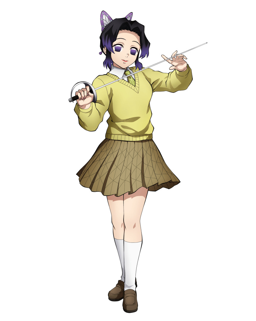 1girl, alternate_costume, bag, butterfly_hair_ornament, collared_shirt, full_body, green_neckwear, hair_intakes, hair_ornament, highres, holding, kimetsu_no_yaiba, kimetsu_no_yaiba_hinokami_keppuutan, kochou_shinobu, long_sleeves, multicolored_hair, necktie, official_art, parted_lips, purple_hair, school_bag, school_uniform, shirt, short_hair, simple_background, smile, sweatdrop, sweater, sword, weapon, white_background, white_shirt, wing_collar, yellow_sweater