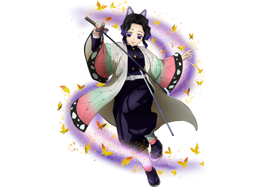 1girl, artist_name, belt, black_hair, bug, butterfly, butterfly_hair_ornament, full_body
