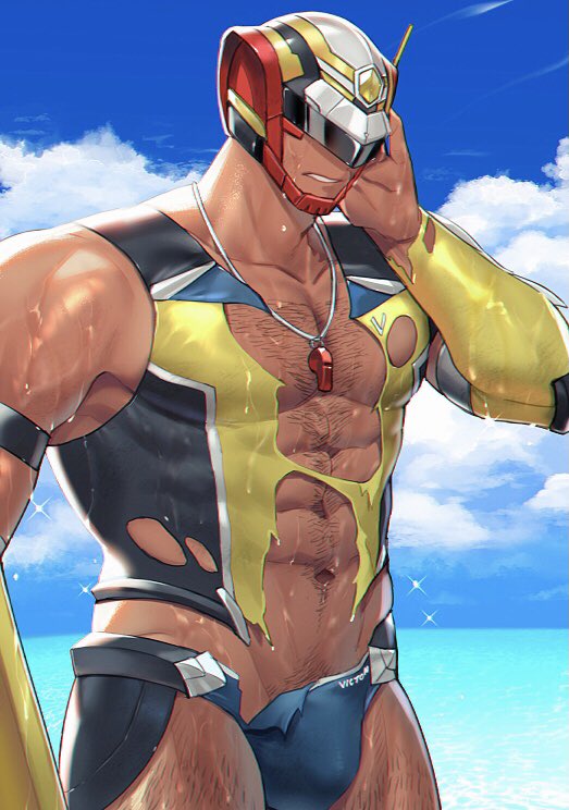 1boy, abs, arm_hair, bara, blue_male_swimwear, blue_swim_briefs, chest_hair, commentary_request