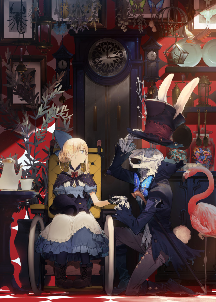 1girl, absurdres, alice_(alice_in_wonderland), alice's_adventures_in_wonderland, animal_hat, animal_skull, apron, bird, birdcage, black_cat, black_coat, black_footwear, black_gloves, blonde_hair, blue_bow, blue_butterfly, blue_dress, blue_eyes, boots, bow, brown_footwear, bug, butterfly, butterfly_bowtie, cage, cane, cat, clock, closed_mouth, coat, cup, dress, european_robin, flamingo, gloves, grandfather_clock, grey_pants, hair_bow, hand_up, hat, hat_tip, highres, holding_hands, insect, insect_collection, luna_moth, on_one_knee, pants, pigeon-toed, plant, plate, potted_plant, profile, puffy_short_sleeves, puffy_sleeves, ryota-h, scorpion, shelf, shoes, short_sleeves, sitting, skeleton, teacup, teapot, top_hat, torn_clothes, torn_coat, wall_clock, wheelchair, white_apron, white_rabbit_(alice_in_wonderland)
