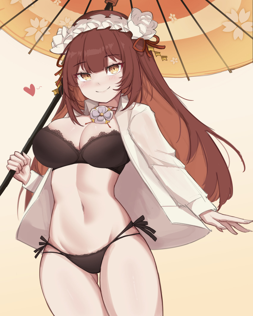 1girl, absurdres, black_bra, black_panties, bra, breasts, brown_hair, cleavage, exorcist_miya, frilled_hairband, frills, guardian_tales, hairband, heart, highres, holding, holding_umbrella, jacket, large_breasts, long_hair, looking_at_viewer, navel, open_clothes, open_jacket, panties, simple_background, sliverdog, smile, umbrella, underwear, yellow_eyes