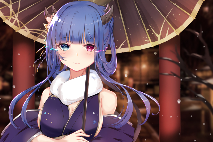 1girl, azur_lane, blue_eyes, blurry, blurry_background, breasts, cleavage, fur-trimmed_kimono