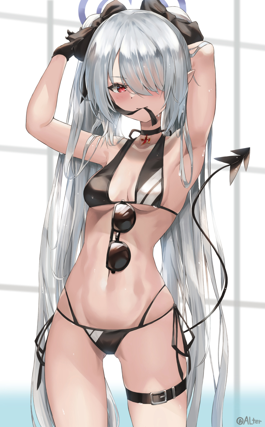 1girl, absurdres, alter_(kxk7357), armpits, arms_up, artist_name, bikini, black_bikini, black_bow, black_choker, blue_archive, blush, bow, breasts, buckle, choker, cleavage, closed_mouth, collarbone, cowboy_shot, dark-skinned_female, dark_skin, demon_tail, eyewear_hang, unworn_eyewear, gluteal_fold, hair_bow, hair_over_one_eye, halo, highres, indoors, iori_(blue_archive), iori_(swimsuit)_(blue_archive), long_hair, looking_at_viewer, medium_breasts, multi-strapped_bikini_bottom, navel, pointy_ears, red_eyes, silver_hair, smile, solo, stomach, sunglasses, swimsuit, tail, thigh_strap, twitter_username, tying_hair, underboob, very_long_hair, window
