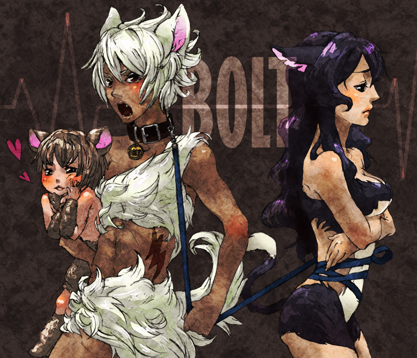 1girl, animal_ears, anna_kotori, bad_id, bad_pixiv_id, bolt_(character), bolt_(disney), breasts, cat_tail, collar, disney, dog_tail, heart, leash, mittens_(bolt), navel, open_mouth, personification, rhino_(bolt), tail, tattoo
