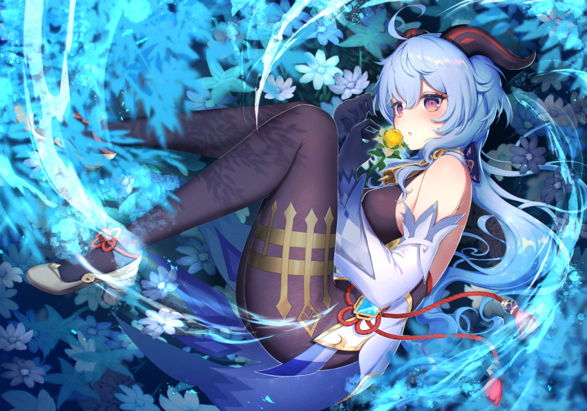 1girl, :o, ahoge, anklet, bare_shoulders, bell, black_bodysuit, black_gloves