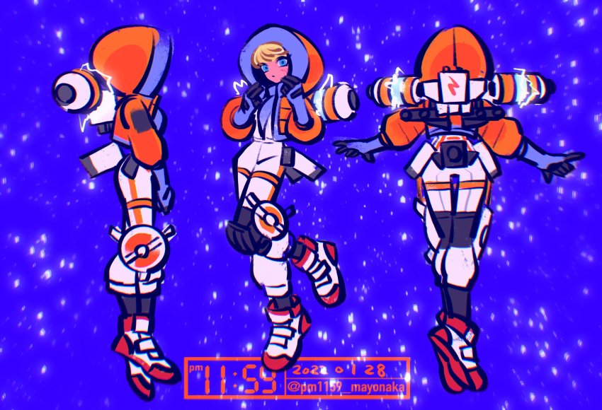 1girl, apex_legends, blonde_hair, blue_background, blue_eyes, blue_gloves, bodysuit, dated