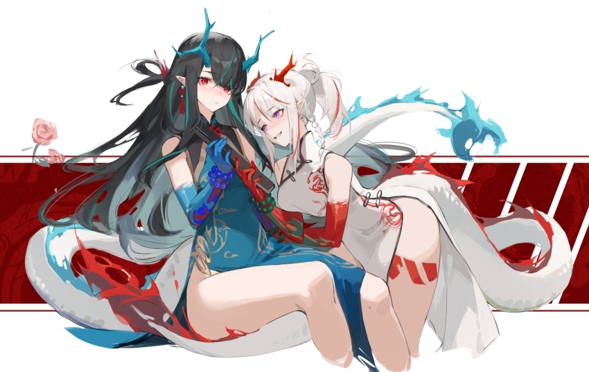 2girls, arknights, bare_legs, bare_shoulders, black_hair, blue_dress, blue_fire, blue_skin