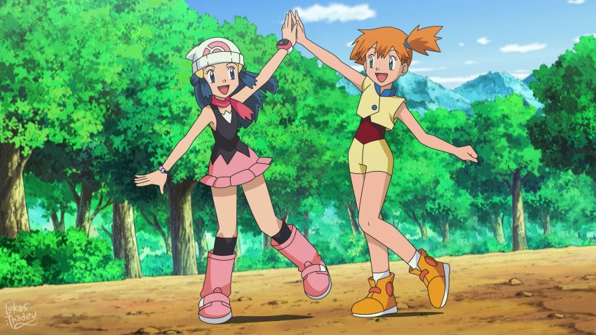 2girls, asymmetrical_hair, beanie, black_dress, blue_eyes, blue_hair, bracelet, cityscape, commission, dawn_(pokemon), dress, gen_3_pokemon, gen_4_pokemon, green_eyes, hat, highres, jewelry, lukas_thadeu, medium_hair, miniskirt, misty_(pokemon), multiple_girls, nintendo, orange_hair, pink_skirt, pokemon, pokemon_(anime), pokemon_the_series:_diamond_and_pearl, pokemon_the_series:_ruby_and_sapphire, ponytail, red_shirt, second-party_source, shirt, short_hair, shorts, side_ponytail, signature, skirt, undershirt, white_headwear, yellow_shirt, yellow_shorts