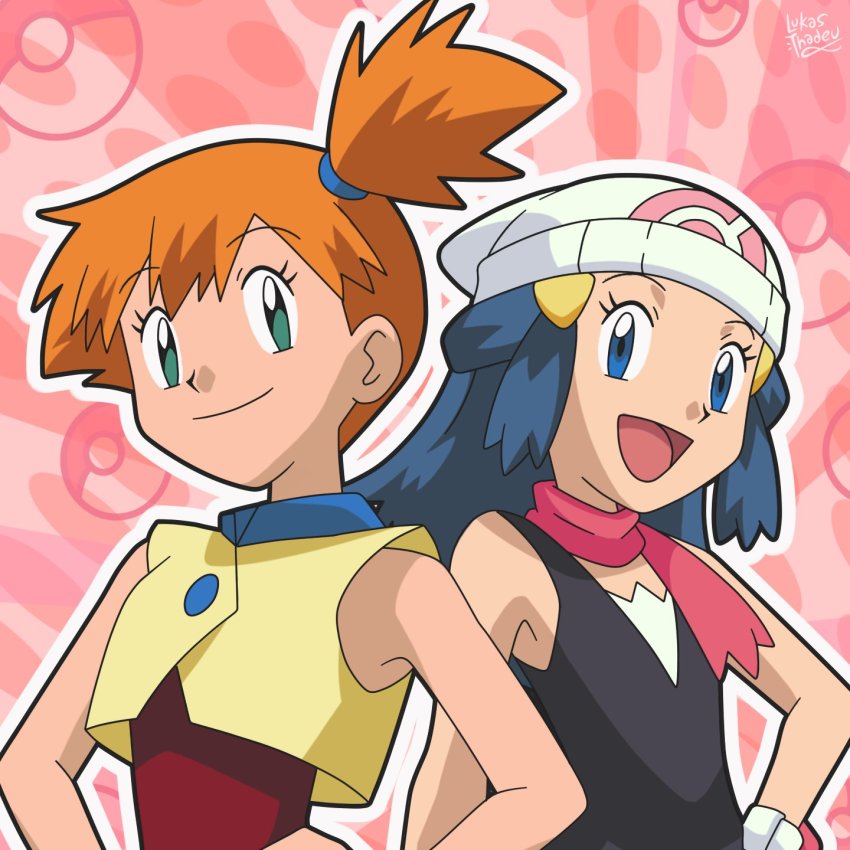 2girls, asymmetrical_hair, beanie, black_dress, blue_eyes, blue_hair, bracelet, cityscape