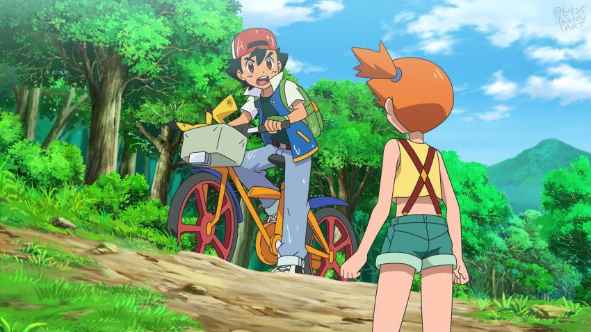1boy, 1girl, ash_ketchum, ass, asymmetrical_hair, bare_legs, baseball_cap, bicycle, black_hair, blush, brown_eyes, denim, denim_shorts, derivative_work, gen_1_pokemon, gym_leader, hat, highres, legs, lukas_thadeu, misty_(pokemon), nintendo, orange_hair, pikachu, pokemon, pokemon_(anime), pokemon_(classic_anime), pokemon_(creature), pokemon_ep001, ponytail, screenshot_redraw, short_hair, shorts, side_ponytail, suspenders