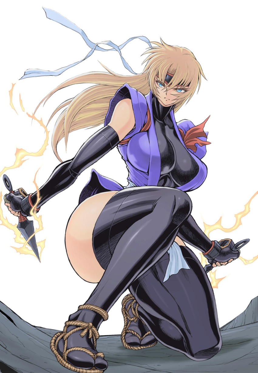 1girl, absurdres, black_gloves, black_leotard, black_thighhighs, blonde_hair, blue_eyes, blue_kimono