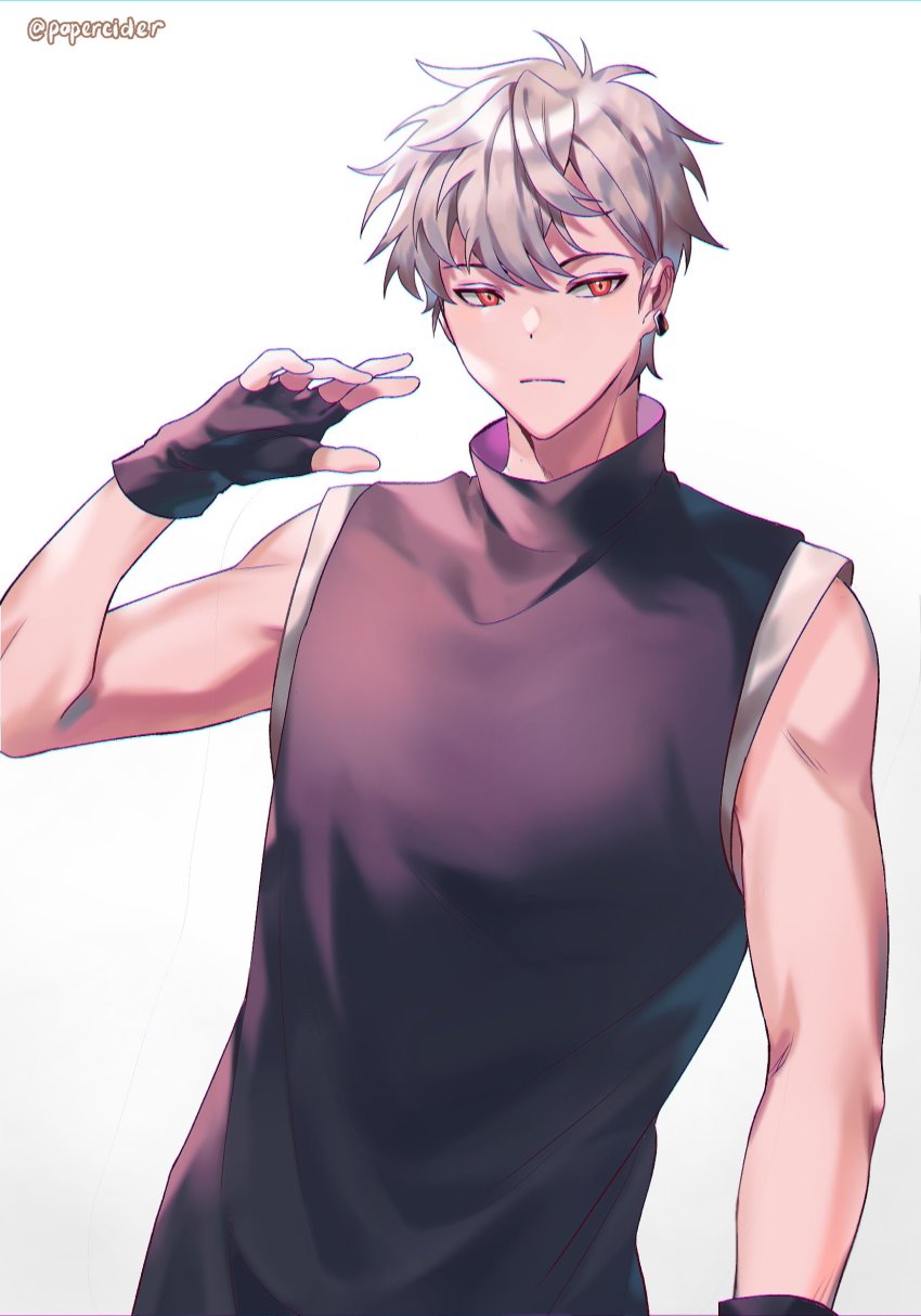 1boy, alliance_(team), black_gloves, black_shirt, commentary, earrings, english_commentary, fingerless_gloves, frown, gloves, grey_hair, hair_behind_ear, highres, ipn, jewelry, male_focus, open_hand, orange_eyes, papercider, shirt, sleeveless, sleeveless_shirt, solo, twitter_username