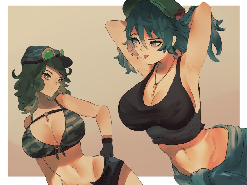 2girls, armpits, arms_behind_head, arms_up, black_shirt, blouse, blue_eyes, blue_hair