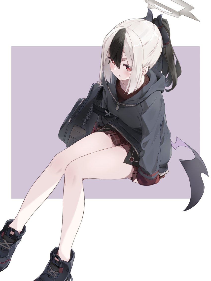 1girl, bag, bare_legs, black_bag, black_hair, black_hoodie, black_shoes, black_wings