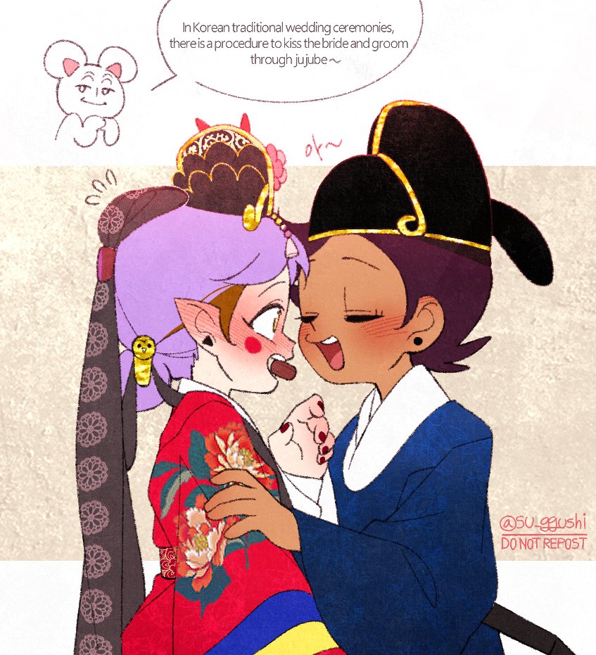 2girls, amity_blight, blush, brown_hair, closed_eyes, commentary_request, dark-skinned_female, dark_skin, ear_blush, earrings, english_text, flying_sweatdrops, food_in_mouth, hwalot, imminent_kiss, jewelry, jokduri, korean_clothes, korean_commentary, looking_at_another, luz_noceda, multiple_girls, nail_polish, open_mouth, purple_hair, red_nails, short_hair, stud_earrings, su_ggushi, teeth, the_owl_house, twitter_username, upper_teeth_only, wedding, yellow_eyes, yuri