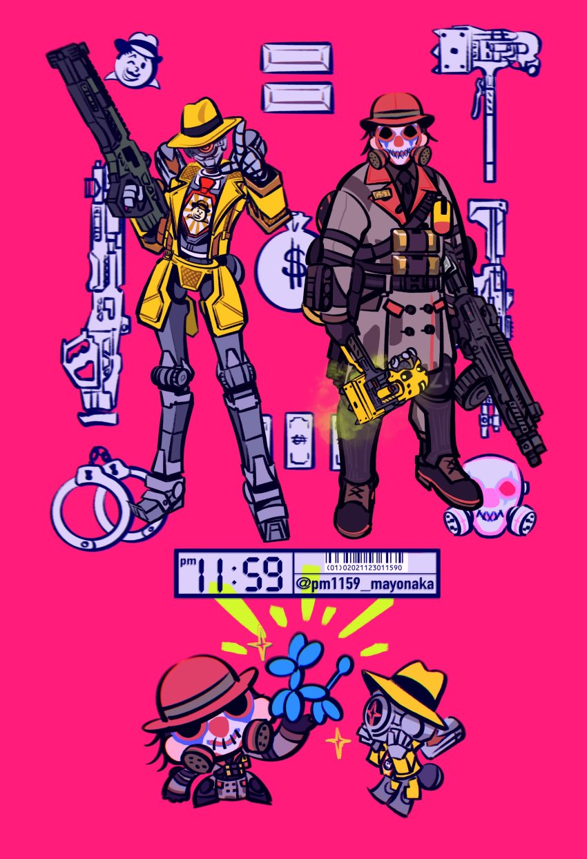 2boys, absurdres, apex_legends, balloon_animal, banknote, black_footwear, caustic_(apex_legends), clothed_robot