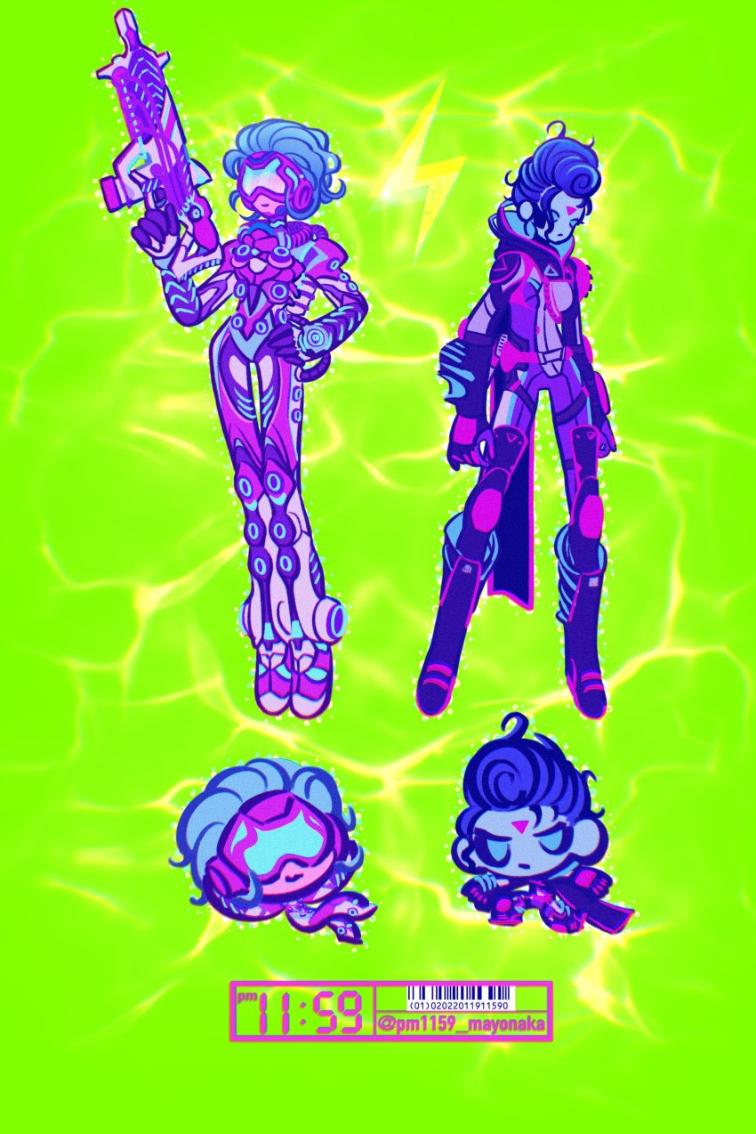 2girls, absurdres, apex_legends, barcode, blue_eyes, blue_hair, bodysuit, cable