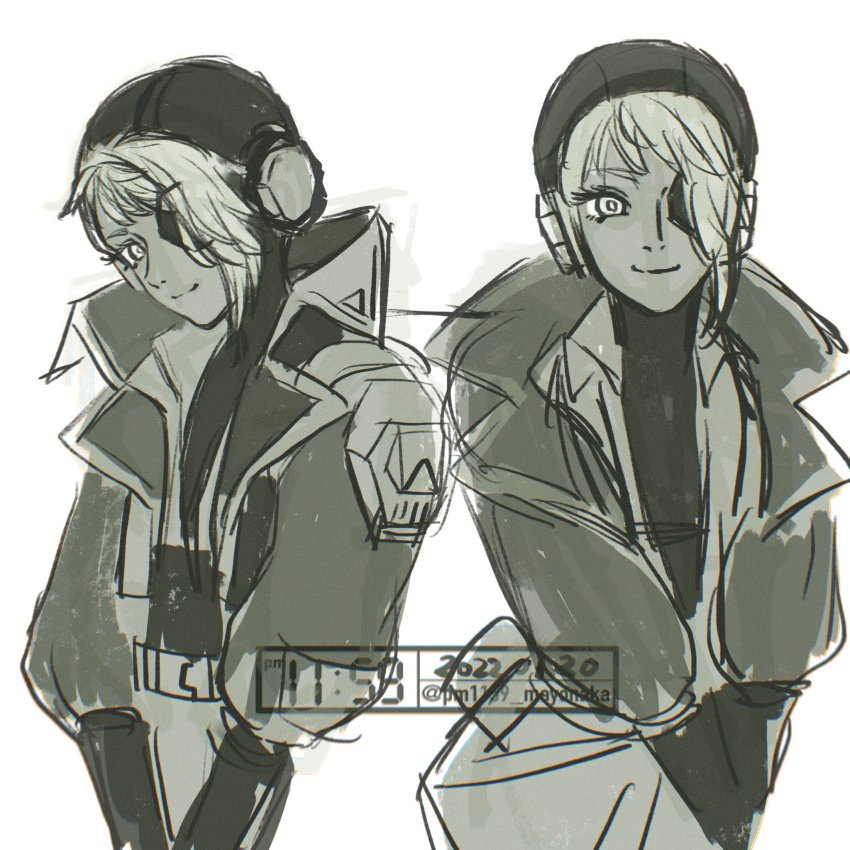 1girl, animification, apex_legends, dated, deep_current_wattson, eyepatch, greyscale, head_tilt