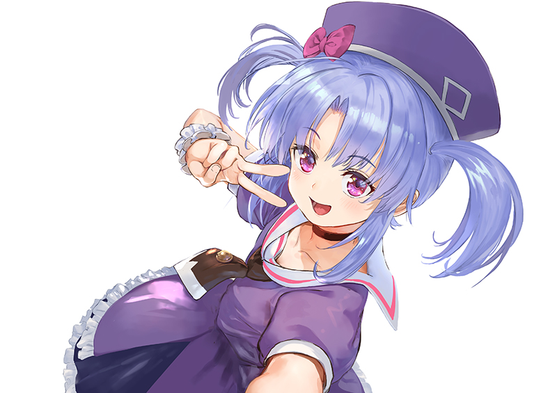 1girl, blue_hair, choker, dress, frills, hand_up, hat, hat_ornament
