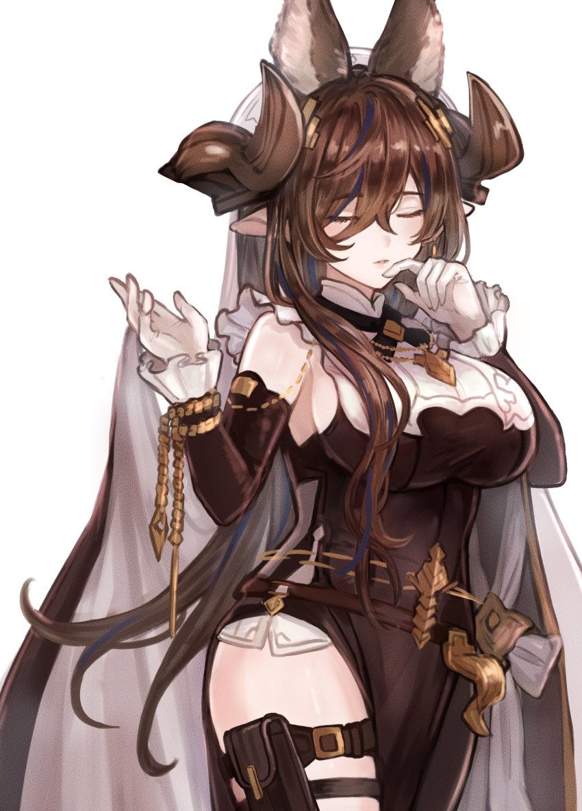 1girl, animal_ears, breasts, brown_hair, closed_eyes, cowboy_shot, detached_sleeves, extra_ears, frilled_sleeves, frills, galleon_(granblue_fantasy), gloves, granblue_fantasy, highres, horns, large_breasts, long_hair, momeme55, multicolored_hair, parted_lips, pelvic_curtain, pointy_ears, sideboob, solo, streaked_hair, thigh_strap, very_long_hair, white_gloves