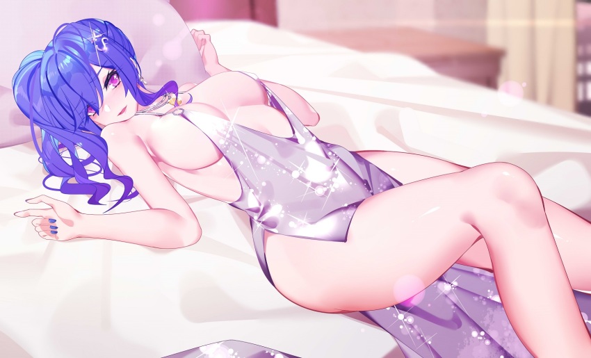 1girl, azur_lane, backless_dress, backless_outfit, bare_legs, bare_shoulders, bed, blue_hair, blue_nails, breasts, cleavage, dress, earrings, evening_gown, hair_between_eyes, hair_ornament, hairclip, halter_dress, halterneck, highres, jewelry, large_breasts, long_hair, looking_at_viewer, lying, nail_polish, nami_qi, official_alternate_costume, on_back, on_bed, pink_eyes, plunging_neckline, revealing_clothes, side_ponytail, sidelocks, silver_dress, st._louis_(azur_lane), st._louis_(luxurious_wheels)_(azur_lane), thighs