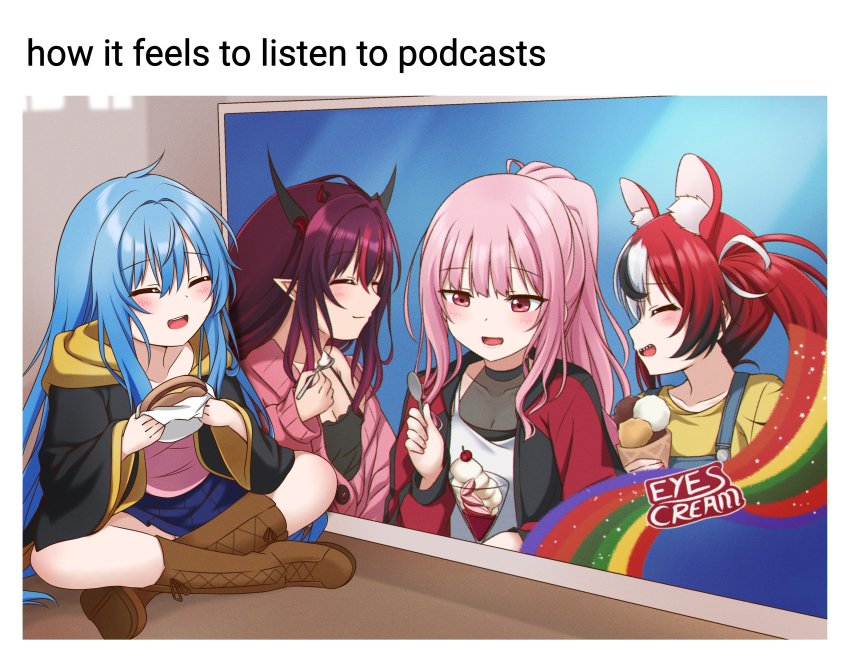 4girls, ^_^, absurdres, animal_ear_fluff, animal_ears, black_hair, black_jacket, blue_eyes, blush, boots, brown_footwear, closed_eyes, commentary, crossed_legs, cup, elie_wayne, english_commentary, english_text, food, hakos_baelz, highres, holding, holding_cup, hololive, hololive_english, horns, ice_cream, ice_cream_cone, irys_(hololive), jacket, jan_azure, meme, mori_calliope, mouse_ears, multiple_girls, multiple_horns, open_mouth, original, parfait, photo-referenced, pink_hair, ponytail, poster_(object), purple_hair, red_hair, red_jacket, sitting, twintails, virtual_youtuber, white_hair