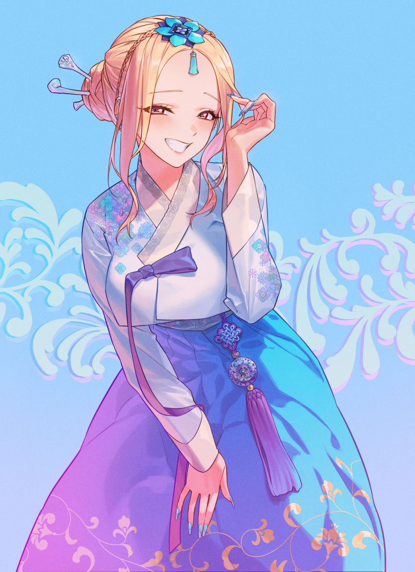 1girl, absurdres, adjusting_hair, aqua_dress, blonde_hair, blue_background, blue_bow, blue_dress