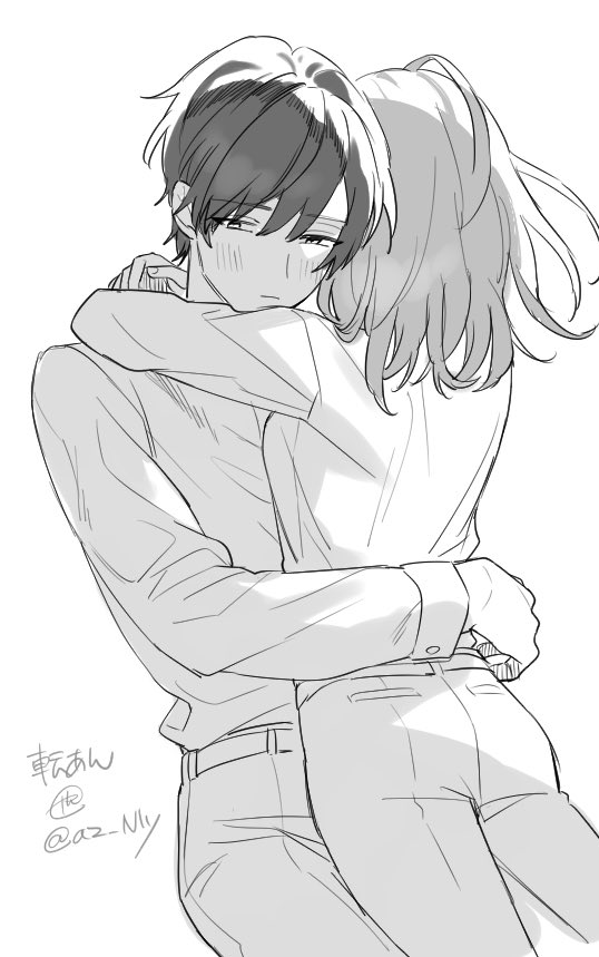 1boy, 1girl, anzu_(ensemble_stars!), blush, brother_and_sister, closed_mouth, dress_shirt, ensemble_girls!, greyscale, hug, implied_incest, long_sleeves, looking_to_the_side, male_focus, monochrome, pants, protagonist_(ensemble_girls!), shirt, siblings, solo_focus, sumibiya_yasain, twitter_username, waist_hug