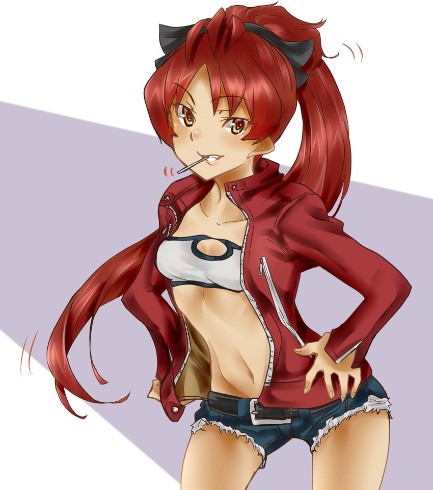 1girl, bandeau, blush, breasts, cleavage, collarbone, cosplay, fate_(series), food, highres, long_hair, looking_at_viewer, mahou_shoujo_madoka_magica, mahou_shoujo_madoka_magica_(anime), midriff, mordred_(fate), mordred_(fate/apocrypha), mordred_(fate/apocrypha)_(cosplay), navel, pocky, ponytail, red_eyes, red_hair, sakura_kyoko, shorts, simple_background, smile, solo, stomach, suzuki_no_m, white_background