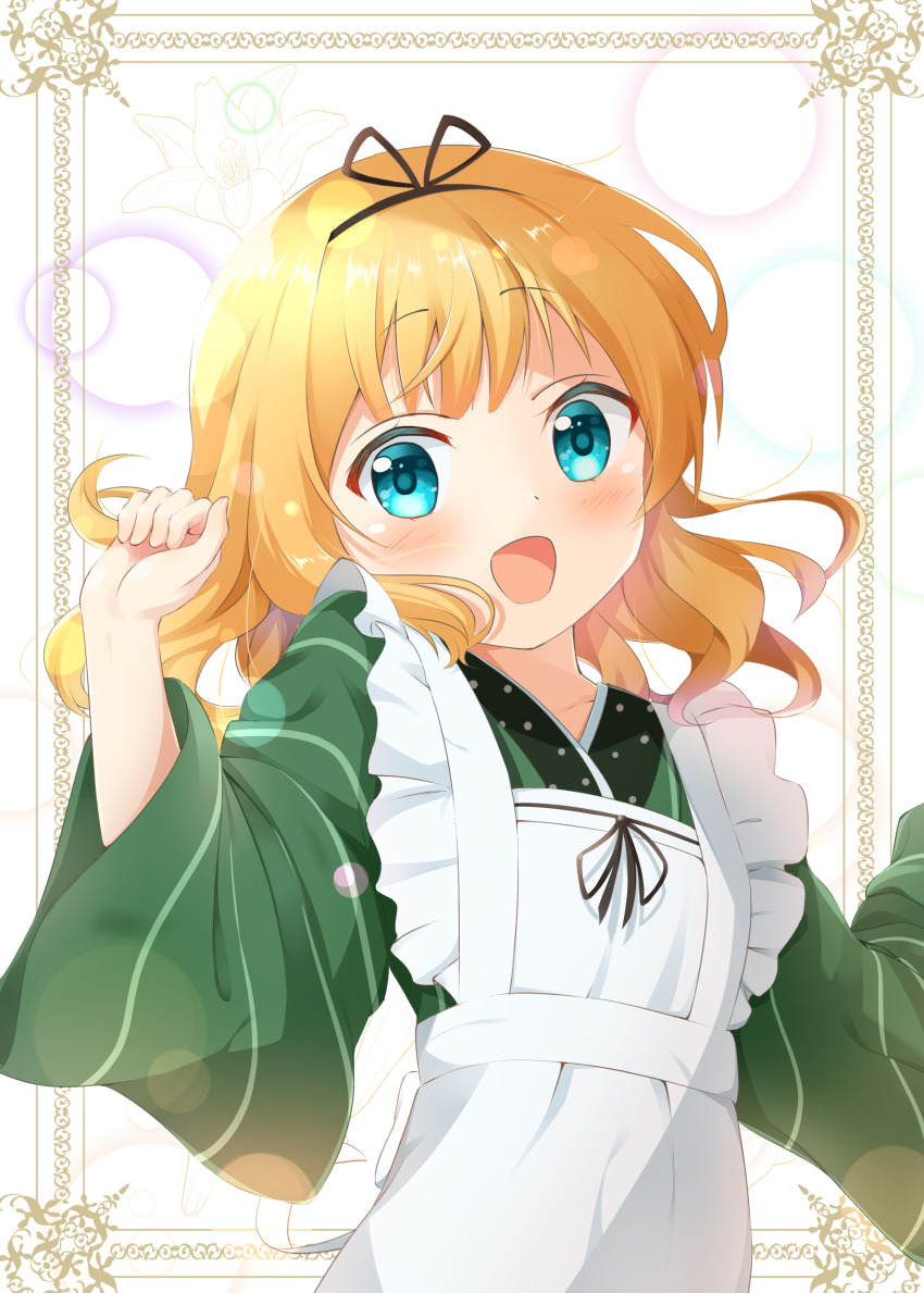 1girl, :d, absurdres, ama_usa_an_uniform, apron, black_hairband, black_ribbon, blonde_hair