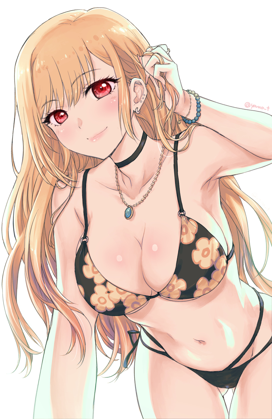 1girl, adjusting_hair, armpits, barbell_piercing, bead_bracelet, beads, bikini, black_bikini, black_choker, blonde_hair, bracelet, breasts, choker, cleavage, ear_piercing, floral_print, gluteal_fold, grin, hair_between_eyes, hand_up, highres, jewelry, kitagawa_marin, large_breasts, leaning_forward, long_hair, looking_at_viewer, necklace, piercing, print_bikini, red_eyes, simple_background, smile, solo, sono_bisque_doll_wa_koi_wo_suru, swimsuit, twitter_username, white_background, yano_takumi