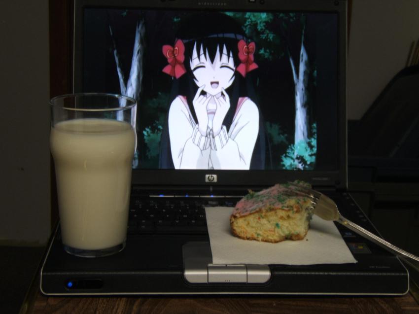 00s, 2d_dating, cake, food, fork, hewlett-packard, hewlett_packard, highres, lonely, meal, milk, minamoto_chikaru, photo_(medium), solo, strawberry_panic!