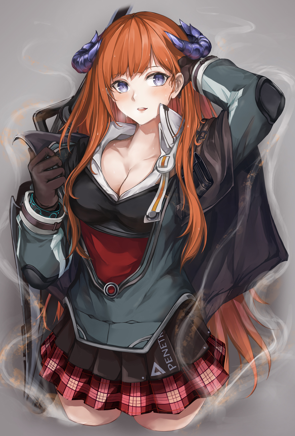 1girl, arknights, bagpipe_(arknights), breasts, brown_gloves, cleavage, cropped_legs, gloves