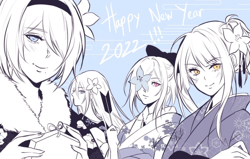 2b_(nier:automata), 4girls, a2_(nier:automata), asymmetrical_hair, black_hairband, blue_eyes, blush, bob_cut, closed_mouth, drag-on_dragoon, drag-on_dragoon_3, flower, flower_over_eye, hair_flower, hair_ornament, hairband, highres, hora_k, in-franchise_crossover, japanese_clothes, kaine_(nier), kimono, limited_palette, long_hair, lunar_tear, multiple_girls, new_year, nier:automata, nier_(series), red_eyes, seigaiha, short_hair, sidelocks, yellow_eyes, zero_(drag-on_dragoon)