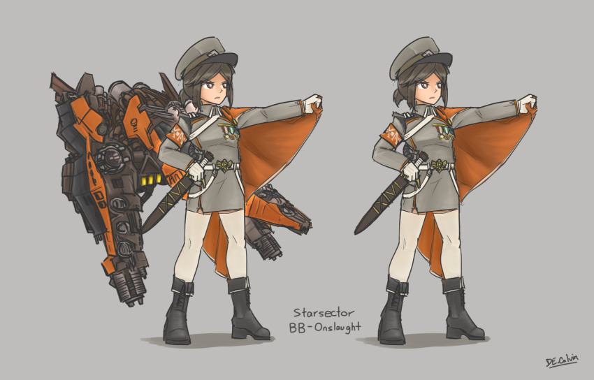 2girls, artist_name, boots, brown_eyes, brown_hair, cape, de.calvin, full_body, grey_background, hat, long_sleeves, military, military_hat, military_uniform, multiple_girls, onslaught_(starsector), peaked_cap, personification, sheath, sheathed, short_hair, standing, starsector, sword, weapon