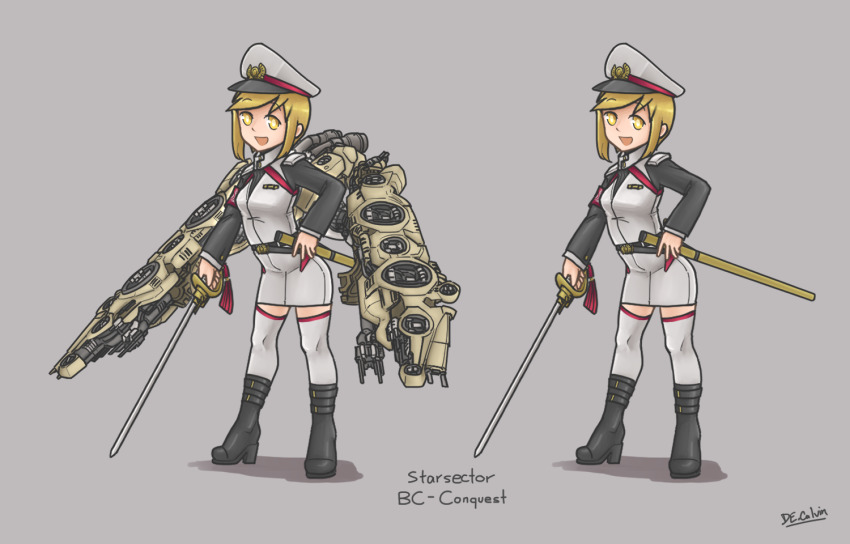 1girl, artist_name, black_footwear, blonde_hair, boots, breasts, character_name, conquest_(starsector)