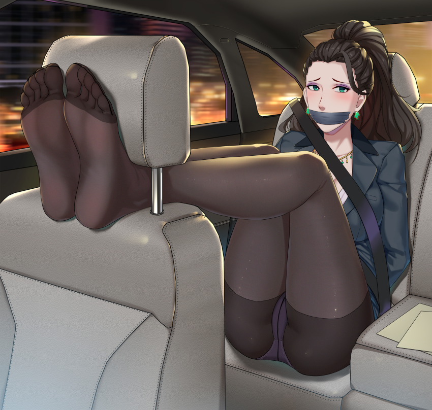 absurdres, ass, black_hair, black_pantyhose, blush, breasts, car, car_interior, car_seat, commission, crotch_seam, earrings, executive_mishiro, feet, foot_focus, forehead, gag, gagged, green_eyes, haimei1980, highres, idolmaster, idolmaster_cinderella_girls, improvised_gag, jewelry, legs, legs_up, long_hair, looking_at_viewer, makeup, mature_female, motor_vehicle, no_shoes, office_lady, panties, panties_under_pantyhose, pantyhose, pixiv_commission, ponytail, purple_panties, restrained, seatbelt, sitting, soles, solo, tape, tape_gag, thighband_pantyhose, toes, underwear, white_panties